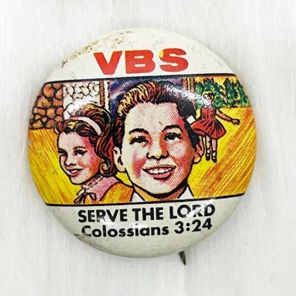 🔮 5/$25 Vintage VBS Vacation‎ Bible School Colossians 3:24 Pin - Picture 1 of 3